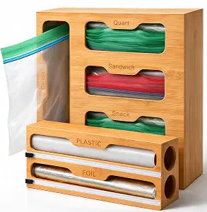 Bamboo Food Storage Bag Organizer for Drawer with Foil & Plastic Wrap Dispenser  Premium Detachable Kitchen Organizer for Gallon, Quart & Sandwich Bags