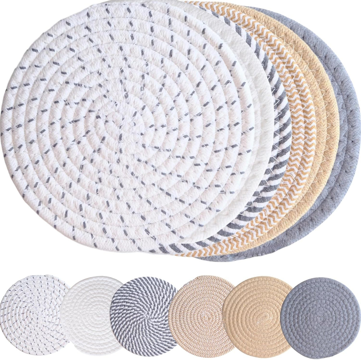 6 Pcs Trivets Set for Hot Dishes, Heat Resistant Pot Set Holder, 100% Cotton Trivets Home Essentials Decor for Hot Pots and Pans Kitchen Countertop Decor, 7-Inch(Gray&Brown)