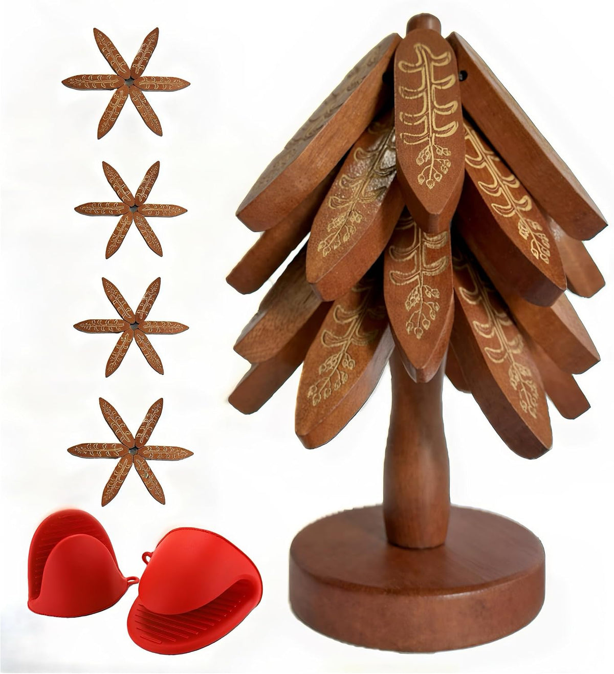 Wooden Trivets for Hot Dishes, Tree Shape Trivet Set, 4 Walnut Wood + 1 Stand stored Like a Christmas Tree,Foldable Kitchen Wooden Trivet,for Hot Dishesã€Potã€Bowlã€Teapot(Walnut Wood), Non-Slip Design