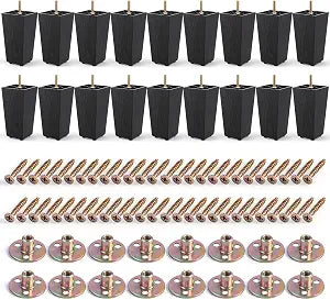 Xuhal 4 Inches 16 Pack Plastic Sofa Coach Legs Furniture Legs Bulk Square Tapered Feet Sofa Leg with M8 T-Nuts Screws for DIY Leg Sofas Chairs Cabinets Dressers Beds Coffee Table Black