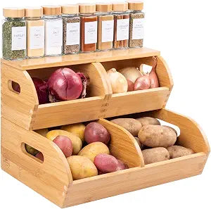 Bamboo Potato and Onion Storage Bin Wood Vegetable Garlic Produce Organizer
