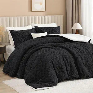 Andency Fluffy Sherpa Full Comforter Set, Black Fleece Soft Bedding Set