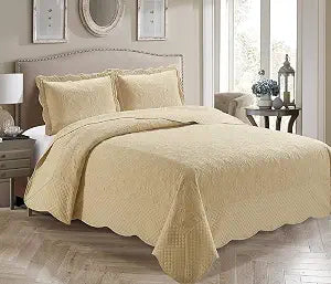 Home Linen 3 Piece Over Size Embossed Solid Coverlet Bedspread New # Veronica (Beige, Full/Queen)