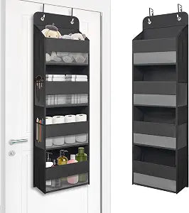 TYMENSH Black Over Door Organizer with 4 Front Pockets and 4 Side Mesh Pockets, Compact Hanging Door Storage for Closet, Bathroom, Bedroom, Dorm, Nursery, Toys, Cosmetics, Baby Essentials