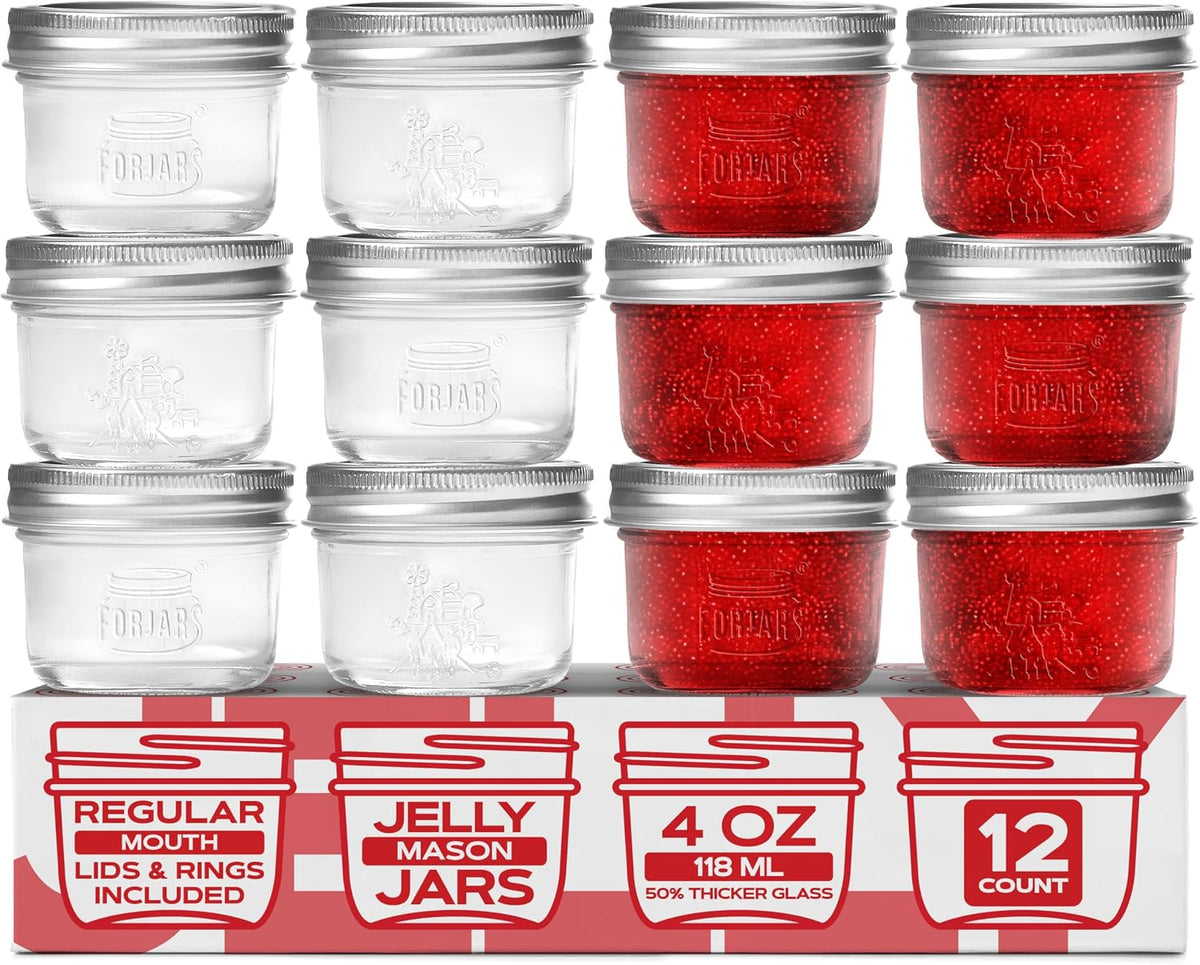 FORJARS Premium Mason Jars with Lids - 4oz | Regular Mouth Canning Jars | 12-Pack Glass Jars for Jam, Jelly, Honey, Spices, Desserts, Sauces, Food Storage, Freezer Safe, Airtight Bulk Set