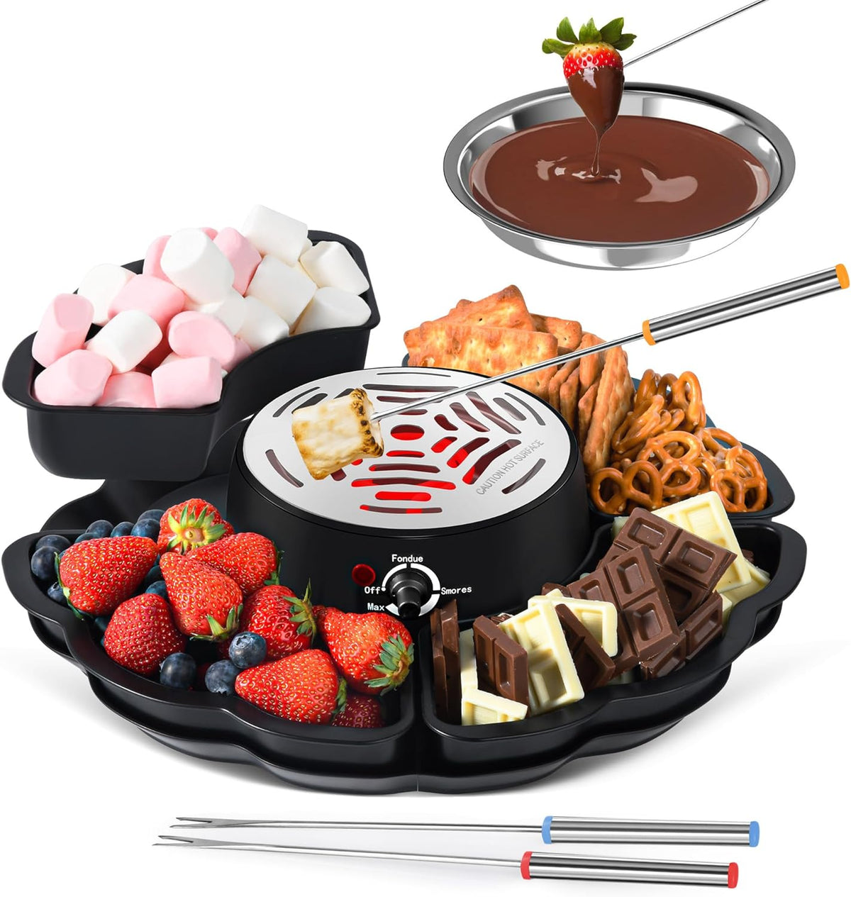 2 in 1 Electric Sâ€™mores Maker & Fondue Pot, Tabletop Indoor Smores kit with 4 Roasting Forks, 4 Detachable Trays & 1 Flameless Temperature-controlled Heater, Movie Night Supplies & Housewarming Gifts