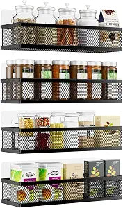 Spice Rack Wall Mount, 4 Pack Pantry Door Organizer & Hanging Storage Baskets Organizer Wall Mount, Large Capacity Metal Spice Shelf for Kitchen Cabinet, Pantry Doors, Bathroom, Shower, Home Decor
