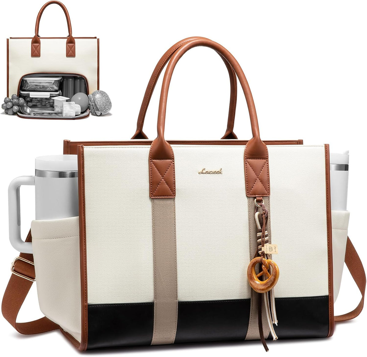 LOVEVOOK Work Tote Bag with Lunch Compartment with Giant Tumbler Holder,15.6 Inch Waterproof 3 in 1 Lunch Bag Women Men Laptop Bag Purse Tote with Padded Sleeve for Teacher,Nurse,College,Travel,Office