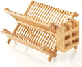 QUEENKAY Dish Drying Rack Collapsible 2-Tier Bamboo Dish Rack for Kitchen Counter Wooden Dish Drainer with Foldable Space-Saving Design for Dishes, Plates, and Cups