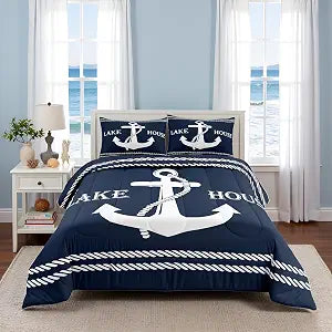 Lake Home Camper Comforter Set Twin Size,Nautical Anchor Bedding Set for Kids Girls Boys Adults Bedroom Decor,Sea Adventure Twines Down Comforter,Vintage Rustic Blue Duvet Insert,1 Pillowcase