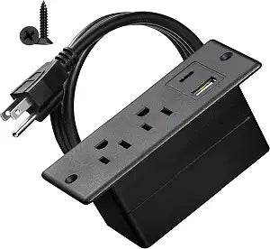Recessed Power Strip with USB-C and USB-A, 2 AC Outlets, in-Desk Flush Mount Power Strip, 125V 12A 1500W, for Desk Countertop Kitchen Island (Black, 4.9FT)