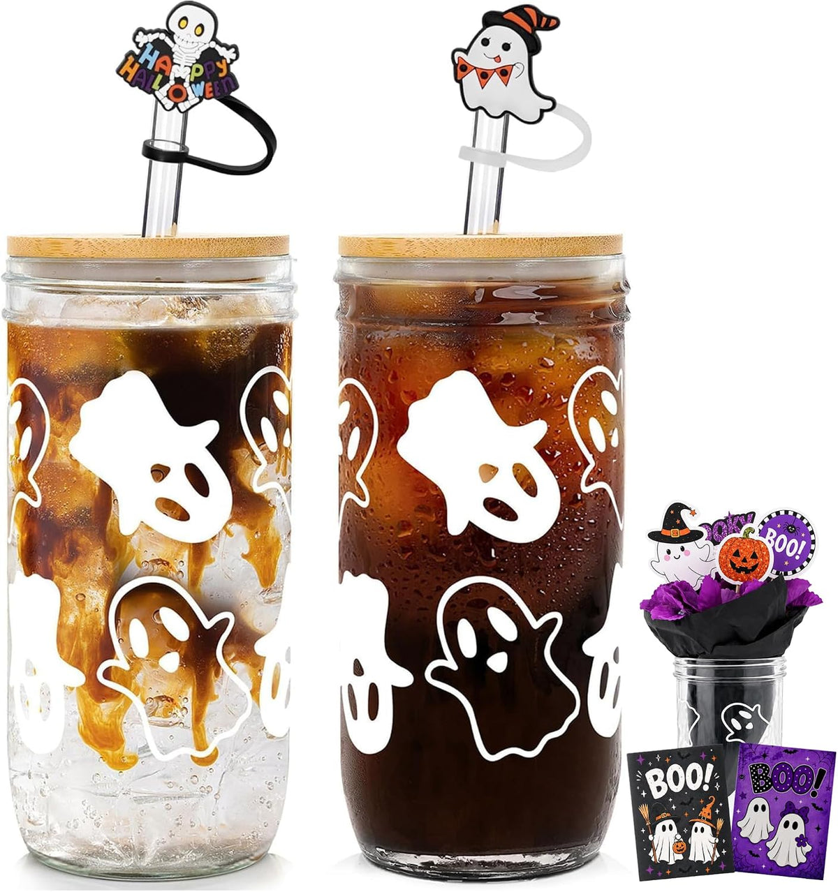 ANOTION Halloween Cups, Ghost Decor 24 Oz Mug Mason Jar Glass with Lids and Straws Tumblers Coffee Cups Cookie Jar Boo Basket Stuffers for Adults, Halloween Cups for Adults, Ghost Cup