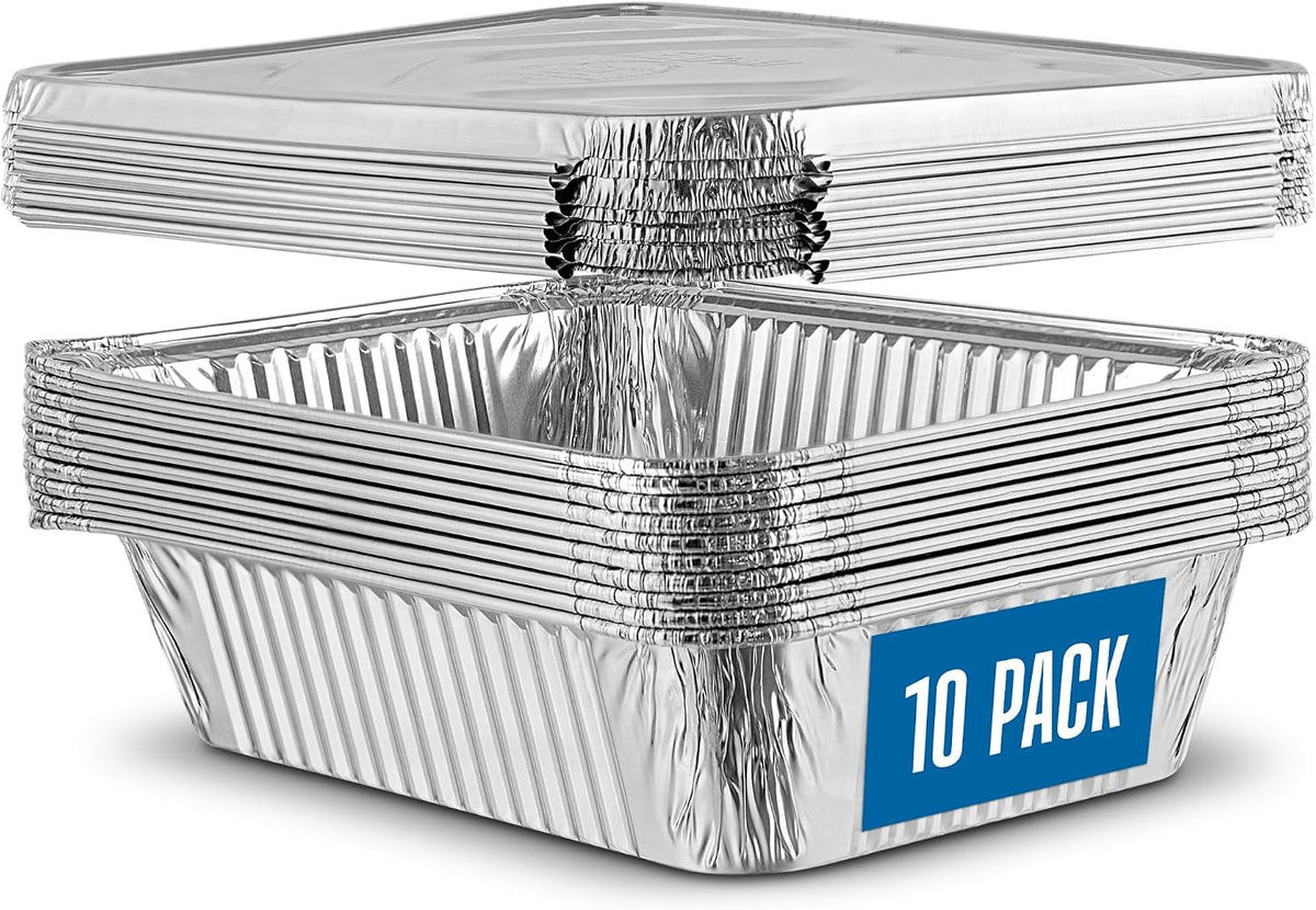 PLASTICPRO 10 Pack Aluminum Pans 6.5'' x 9" Disposable Pans with Covers Heavy Duty 2.25 lb Foil Pans for Baking and Cooking