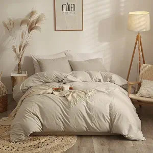 AMWAN Solid Beige Duvet Cover Full Size Soft Washed Cotton Bedding Set Modern Style Boho Comforter Cover Solid Color 1 Full Duvet Cover with 2 Pillow Shams