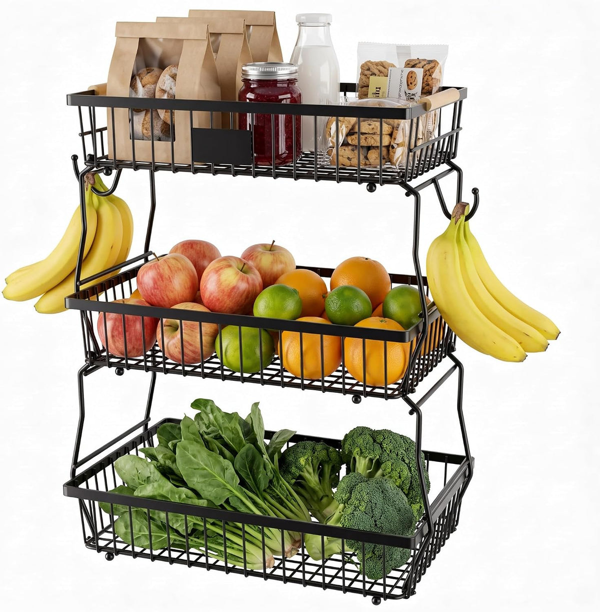 3 Tier Fruit Basket with 2 Banana Hangers for Kitchen Counter