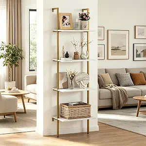 Wolawu Ladder Shelf 4 Tiers Metal Industrial Bookshelf,White Marble Wood Tall Open Storage Rack and Display Shelves,Wall Mount Wide Book Case for Home Office Bedroom,Small
