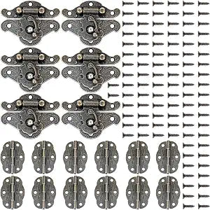 6 Sets Decorative Latch Hasp Hinges Repair Kit with Screws for Wooden Cases