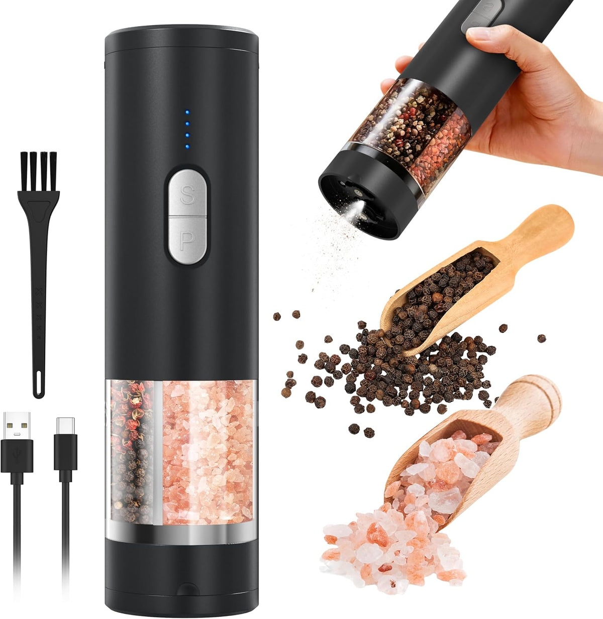 2 in 1 Electric Salt and Pepper Grinder Set (USB Rechargeable Black)