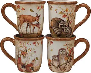 Pine Forest 16 oz. Woodland Ceramic Mugs, Set of 4  Autumn Wildlife Coffee Cups with Fox, Owl, Deer & Raccoon  Great for Hot Chocolate, Tea, Pumpkin Spice, Fall Gifts, and Cozy Cabin Vibes