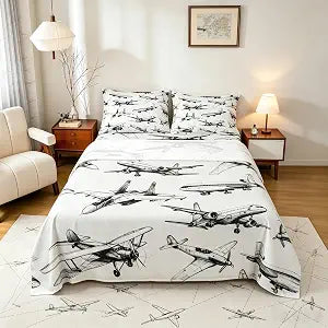 Manfei Airplane Kids Sheet Twin Size,American Aircraft Retro Bedding Set,Girls Boys Adults Room Decor,Air Vehicles Airplane Black White Chic Bed Sheet Set 3pcs(Fitted + Flat + 1 Pillowcase)