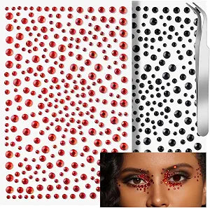 Teenitor Red and Black Face Gems Black Face Rhinestone Makeup Festival Face Jewels Red Stick on Gems, Self-Adhesive Rhinestone Set for Halloween Makeup