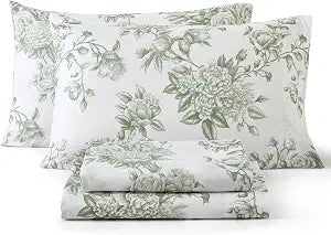 HLC.ME Rose Toile Floral Bed Sheets - 4 Piece Bed Sheet Set - Wrinkle Resistant & Ultra Soft - Fits Mattresses up to 15 Inches Deep (Queen, Sage Green)