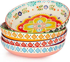 Signature Housewares Marrakesh 36 OZ Shallow Dinner Bowls/Deep Plates Perfect for Spaghetti and Salads - Set of 4 - Large Ceramic Bowls - Colorful Handpainted Pasta Bowls