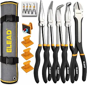 5-Piece 11 Inch Long Needle Nose Pliers Set with 4 Magnetic Plier Racks, Extra Long Reach Pliers Set, 45 & 90 Bent Needle Nose Pliers, Circle Nose and Diagonal Pliers for Tight Spaces