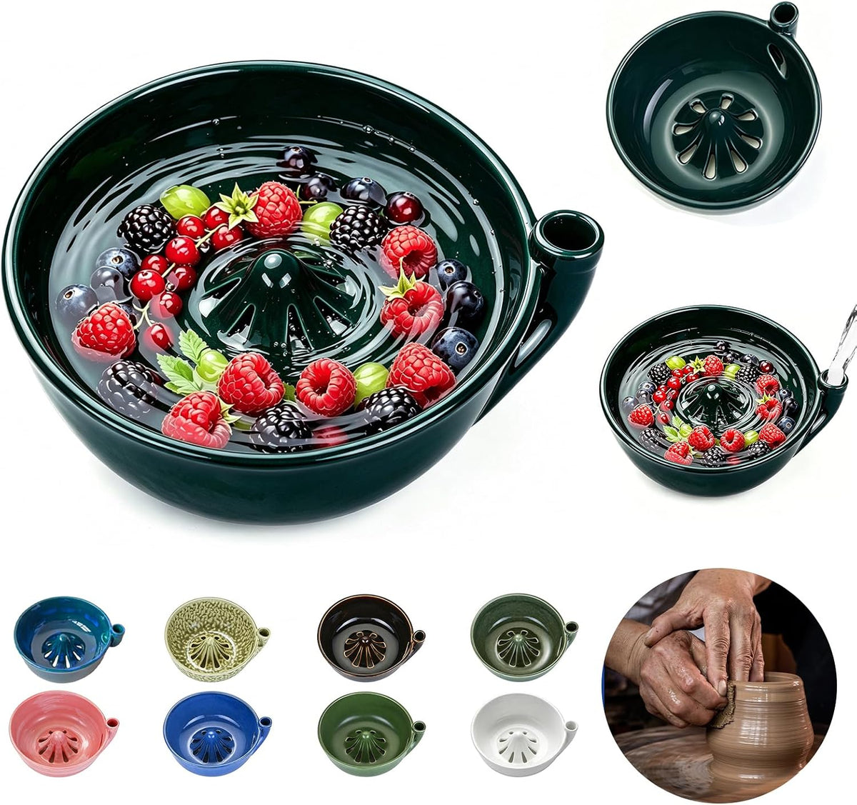 Ceramic Swirl Rinsing Berry Bowl, Colander Fruit Draining Kitchen