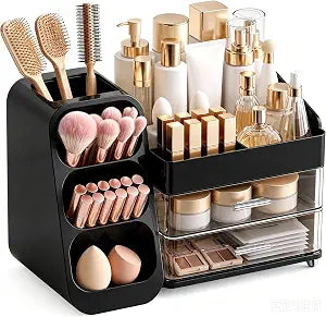 Makeup Organizer with Drawers, Large Capacity Countertop Organizers for Vanity,Bathroom and Bedroom Desk Cosmetics Organizer,Easy To Storage Skincare,Brushes,Lotions,Lipstick (Black)