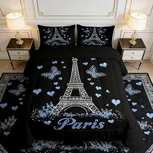 Manfei Eiffel Tower Comforter Set Full Size, Blue Flower Butterfly Hearts Down Comforter with 2 Pillowcases, Paris Bedding Set 3pcs for Kids Girls Adults Bedroom Decor Lightweight Duvet Insert
