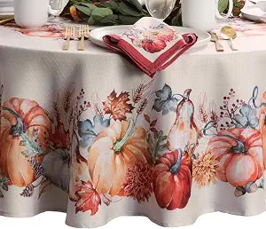 Botanical Harvest Pumpkin Engineered Tablecloth, Multicolor - 60" W x 84" L Oval