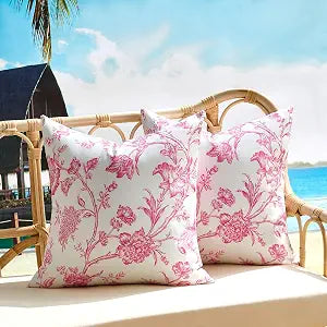 Outdoor Waterproof Throw Pillows Covers Pink Floral 18x18 Inch Vintage Floral Plant Chinoiserie Flowers Decor Pillowcase Set of 2 Cushion Cases for Patio Furniture Couch Bench