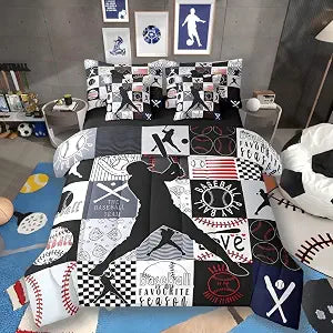 Erosebridal Boys Baseball 7 Piece Comforter Set Full Bed in a Bag, Ball Sports Bedding Sets Baseball Bat Games Comforter and Sheet Set, Teen European Softball Player Fan Room Decor,Black Red