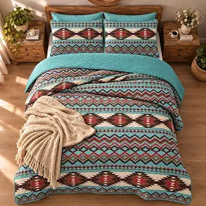 Rugs 4 Less Rustic Southwestern Quilt Stitched Western Bedspread Bedding Set with Tribal Native American Patterns - Utah (Turquoise, Twin)