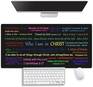 Who I Am in Christ Large Mouse Pad, Colorful Bible Verse Art Black Desk Mat