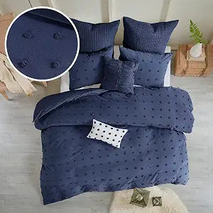 Intelligent Design Cotton Comforter Set - Jacquard Tufts Pompom Design All Season Bedding, Matching Shams, Decorative Pillows, Twin/Twin XL (68 in x 92 in), Navy 5 Piece