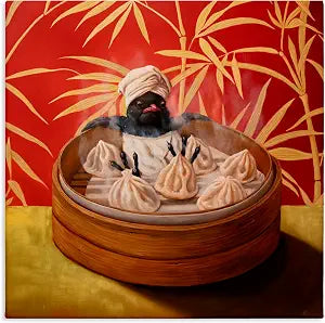 Playful Bamboo Steamer Bird, 24 x 24 Inch Canvas Wall Art