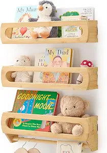 Nursery Shelves for Wall, Premium Bamboo Wood, Fully Assembled - Nursery Book Shelves, Book Shelf for Kids Rooms, Multi-Use Floating Shelves for Wall, Set of 3 (Natural, 16.5 Inches)