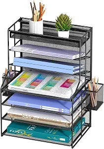 7 Tier Desk File Organizer, Black Metal Letter Tray Paper Organizer with Pull-Out Drawer, Removable Pen Holder & Hanging Basket, Vertical Desktop File Holder for Home Office, Classroom