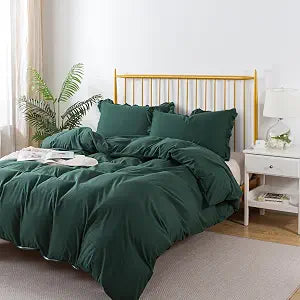 H HOUSEHOLD Dark Green Twin Size Duvet Cover - 3 Pieces Extra Soft Bedding Set, Includes 1 Duvet Cover 68x86 Inches with Zipper Closure & 2 Ruffled Pillow Shams, Comforter Not Included