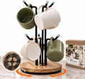 360 Rotating Mug Holder, 6-Hook Coffee Mug Tree w/Wood Base for Large Cups