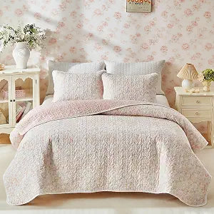 Joyreap 2 Pieces Twin Size Floral Cotton Quilt Set for Girls, Pink Purple White Flowers Design, Cozy Lightweight Cotton Quilt Bedspread Bed Cover for All Season- 68x88 inches