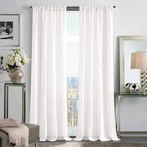 Martha Stewart Sheer Curtains Crinkle Textured Rod Pocket Window Curtain Panel Pair, 84", White
