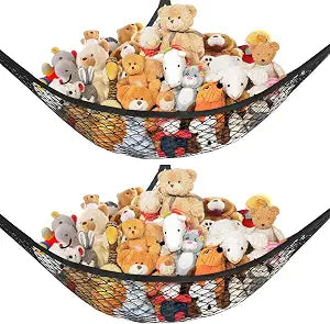 Lazebox Stuffed Animal Net Hammock for Plushie Toys, Stuffed Animal Hammock Corner for Kids' Room Decor, Ideas for Organizing Stuffy Collection, Black, L (72" x 50" x 50")-pack of 2
