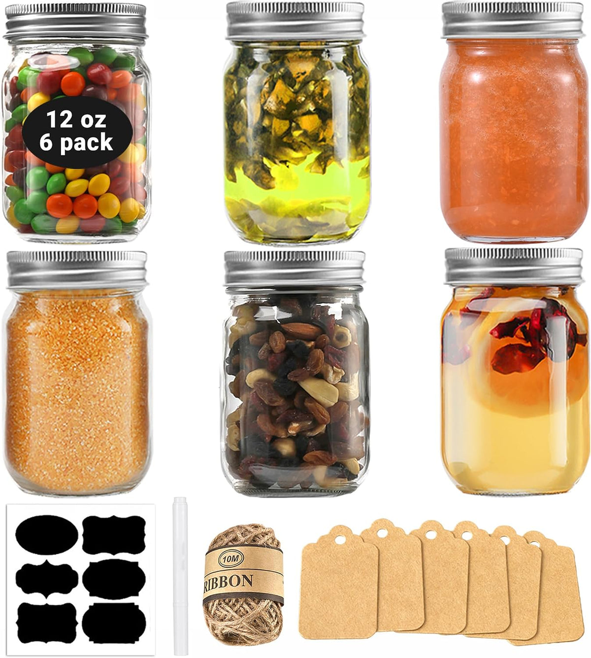 Rainforce Mason Jars 12 oz with Silver Lids 6 Pack Pint Glass Canning Jars
