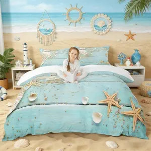 Seashell Starfish Duvet Cover Set King Size,Wood Stripes Bedding Set 3pcs for Kids Teens Girls Boys Room Decor, Beach Hawaiian Style Comforter Cover Summer Teal Quilt Cover with 2 Pillowcases