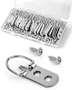 Picture Frame D-Ring Hangers with Screws 30 Pack, Double Hole Hanging Hardware for Photo Frames, Wood Frames and Wall Art  60 Screws Included, Stainless Steel.