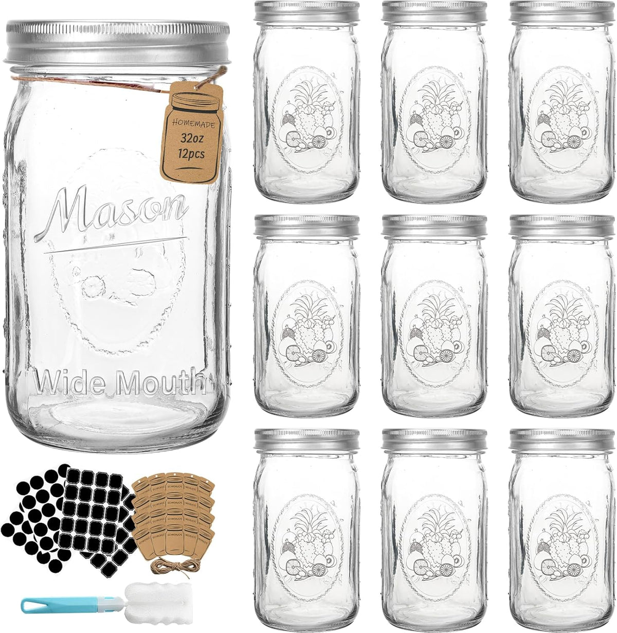 CycleMore Wide Mouth Mason Jars 32 oz, 12 Pack Large Glass Mason Jar with Metal Airtight Lids and Bands, 1 Quart Canning Jars for Pickling, Fermenting, Food Storage & DIY Projects
