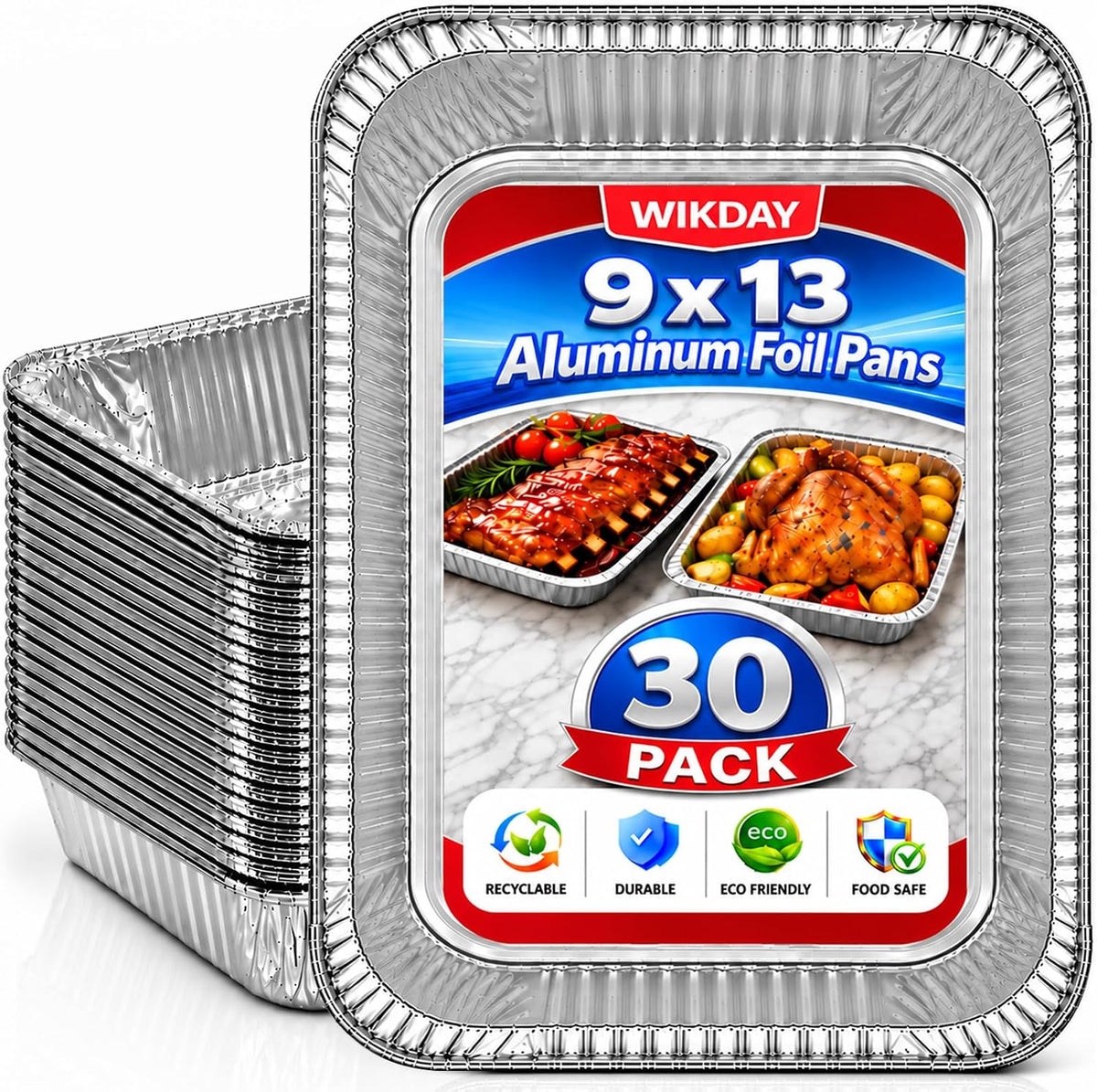 9x13 Aluminum Foil Pans 30pack, Disposable Half Size Tin Pans for Cooking